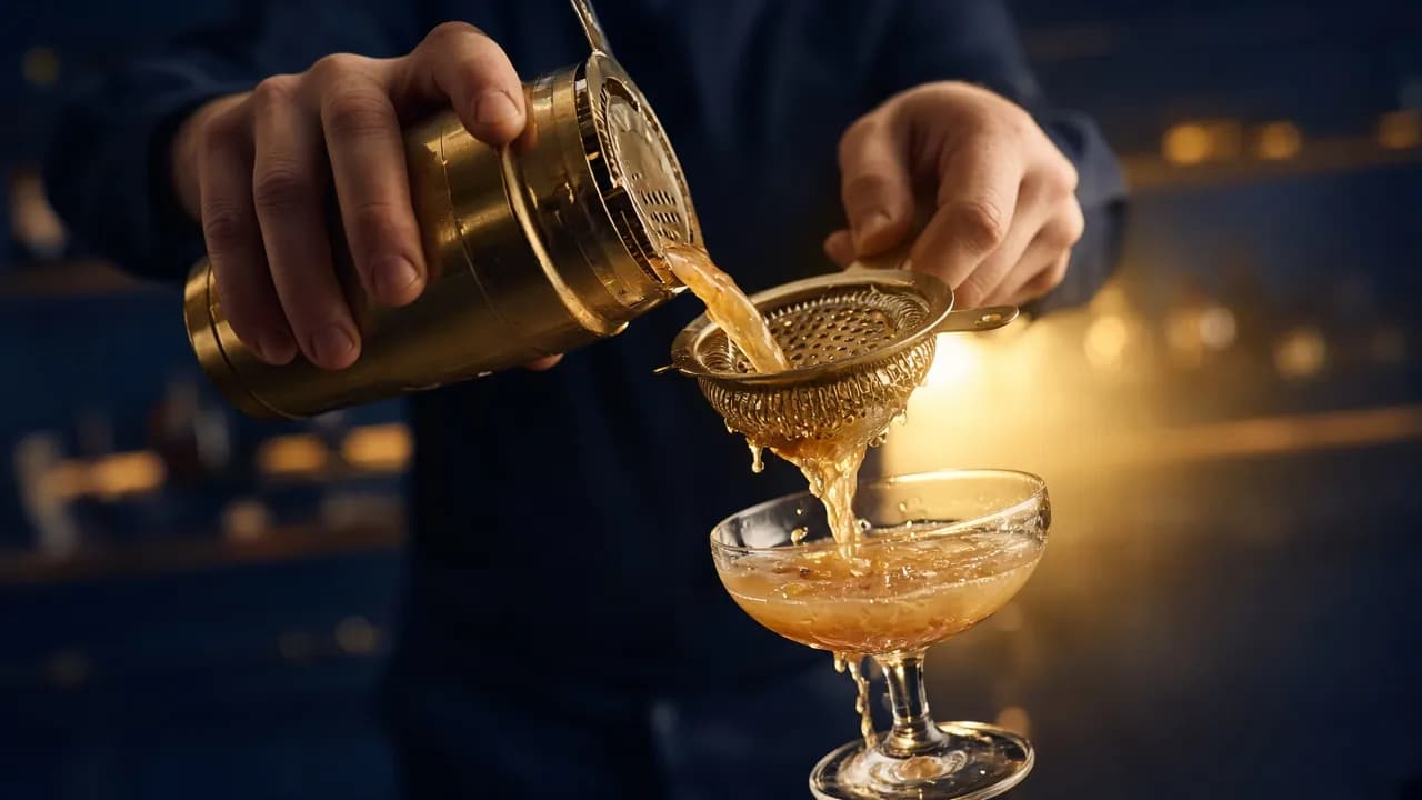 Bartender sier en cocktail opp i et coupeglass