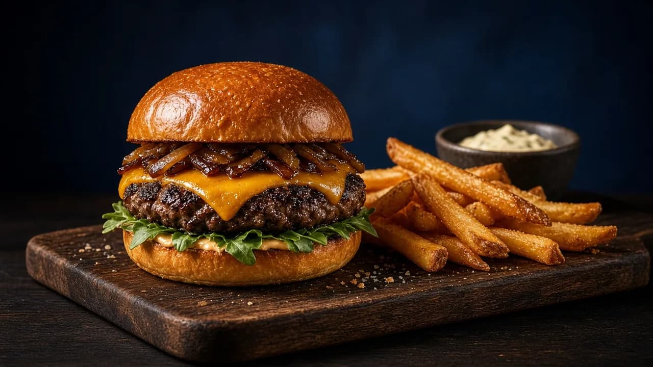 Burger med cheddar og pommes frites