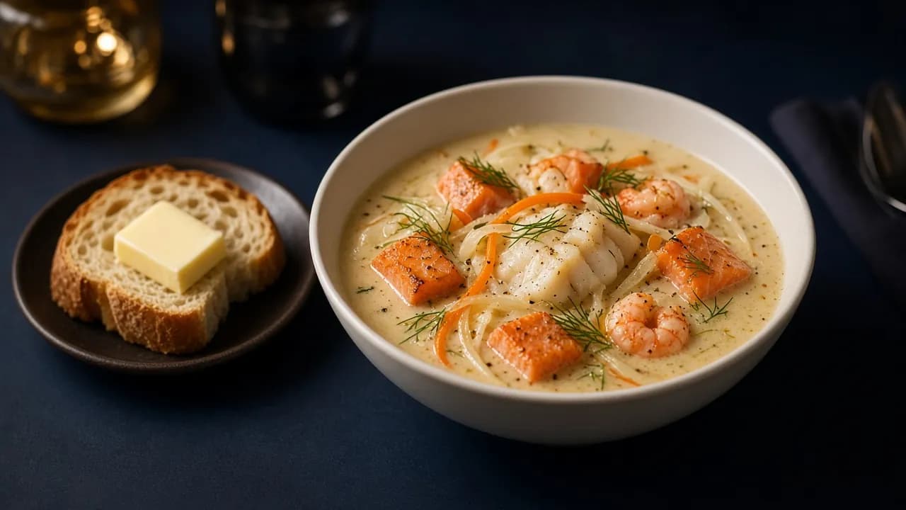 Kremet fiskesuppe med laks, torsk og reker